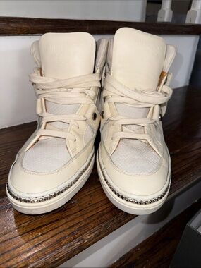 Jimmy Choo Cream Leather High-Top Sneakers with Studded Trim